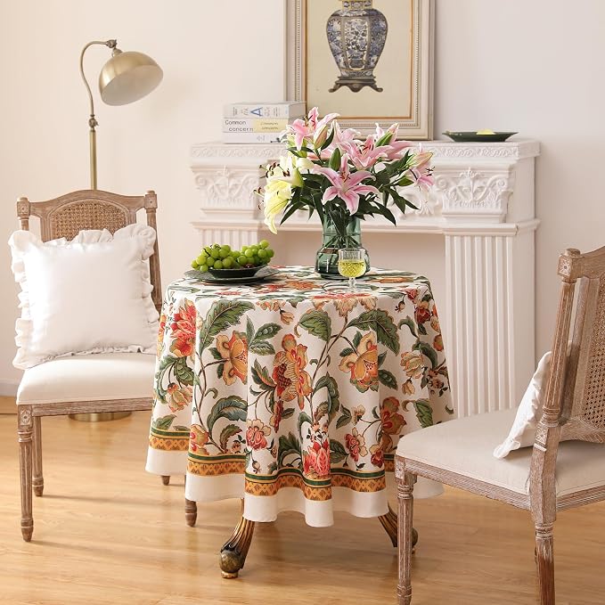 patdrea Designer Vintage Linen Round Tablecloth, Provencal Rustic Floral - Image 5