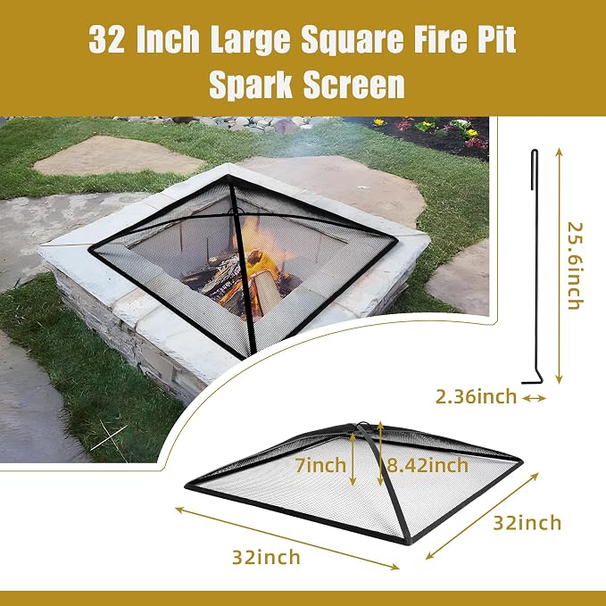 WeCooper 32Inch Heavy Duty Fire Pit Spark Screen Cover, Steel Mesh Square - Image 2