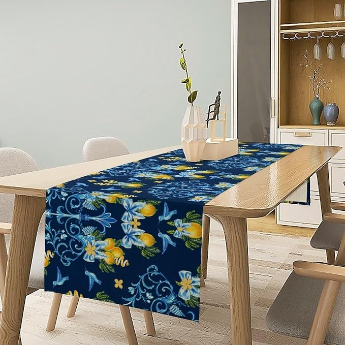 Lemon Fruit Table Runner Nature Bow Farmhouse Talavera Ethnic Folk Rustic Birds - Image 2