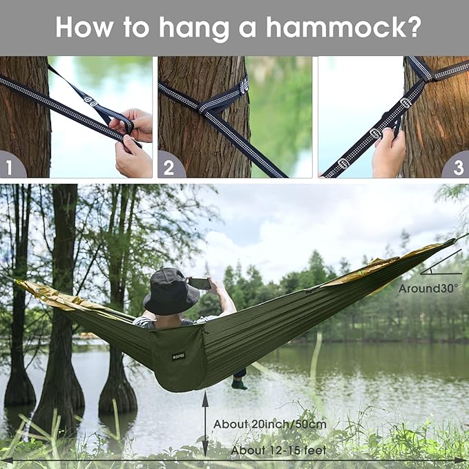 Hammock with Bug Net, Pop-Up Design, 70D Nylon, Army Green