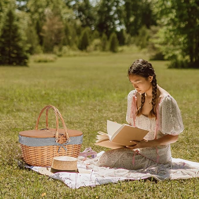 Wicker Picnic Basket with Liner, Wooden Split Lid Picnic Basket, Vintage-Style - Image 6