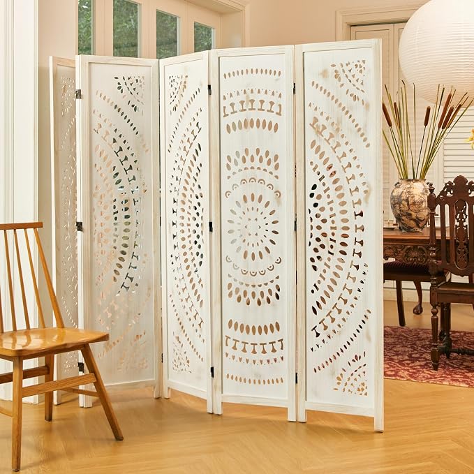 Room Divider Wood Carved Wall Divider Indoor Folding Bohemian Style Portable - Image 7
