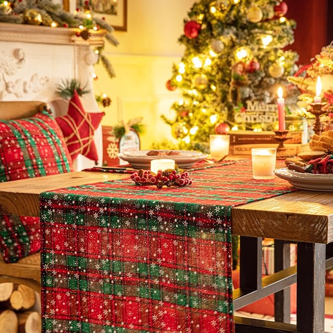 Green Red Plaid Snowflake Christmas Table Runner, Winter Holiday Table Runners - Image 4