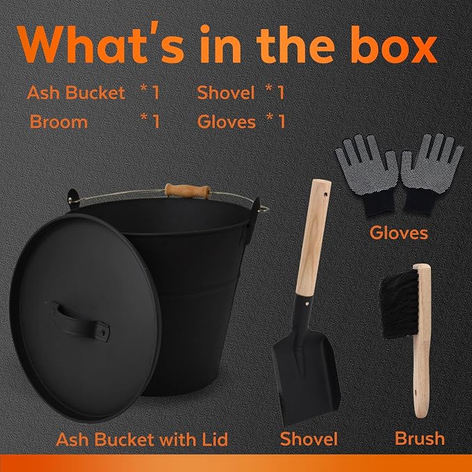 3.5 Gallon Ash Bucket with Lid and Shovel, Metal Fireplace Ash Bucket with Broom - Image 3