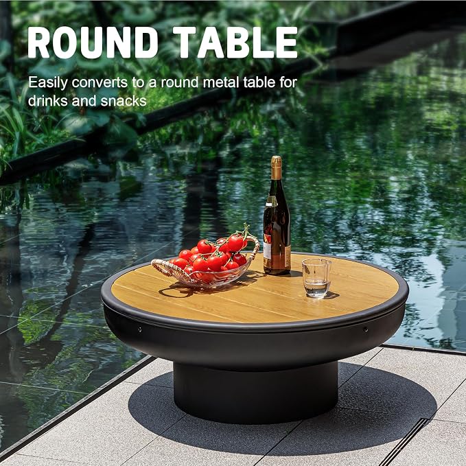 32in Fire Pit Table with Lid, Heavy Duty and Deep Fire Bowl, Outdoor Wood - Image 3