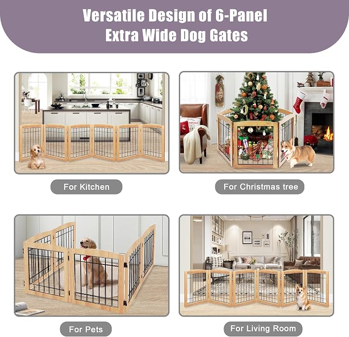 LZRS 6-Panel Extra Wide Wooden Freestanding Dog Gate: Foldable Solid Wood and - Image 6
