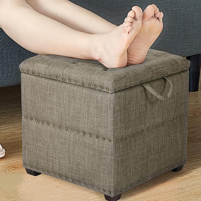 Adeco 18 Inch High Cube Ottoman Storage, Linen Grey Chair Foot Stools - Image 5