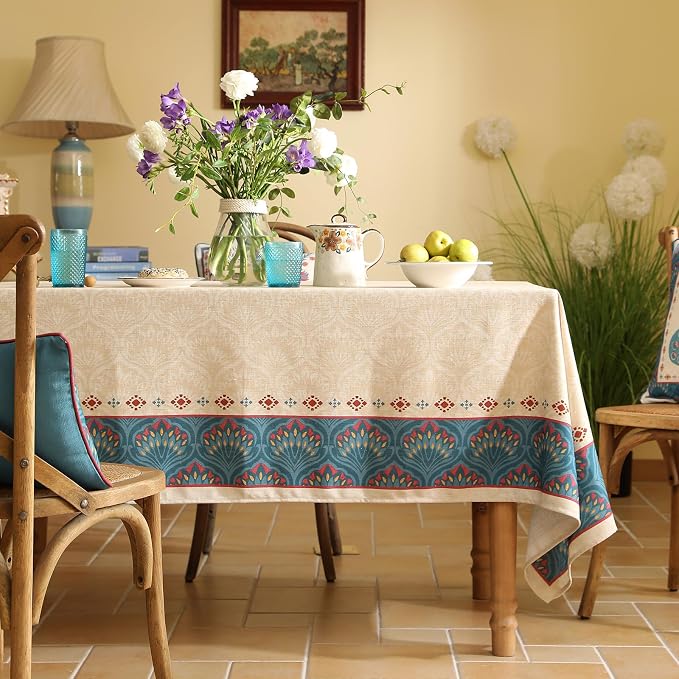 Vintage Beige Linen Long Rectangle Tablecloth, Paisley Farmhouse Feather Floral - Image 2