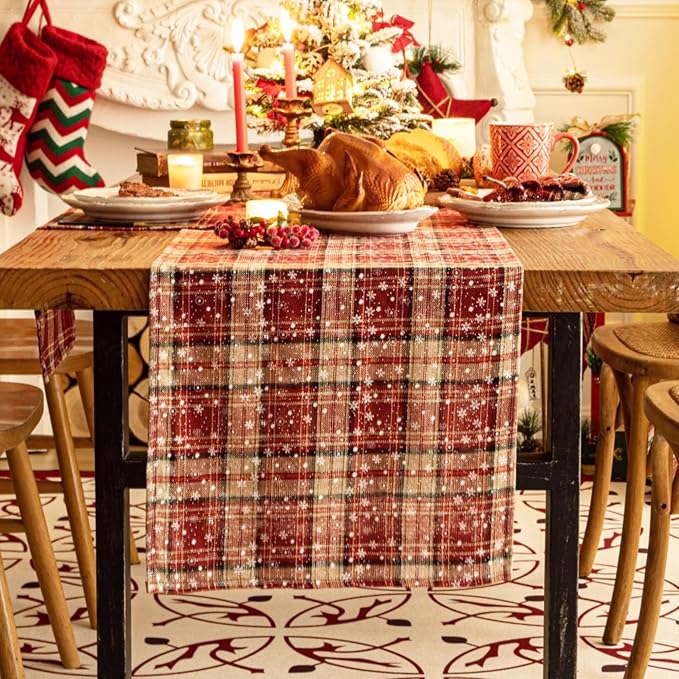 Red Plaid Snowflake Christmas Table Runner, Winter Holiday Table Runners 108 by AQOTHES