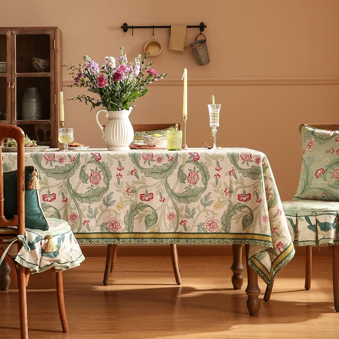 patdrea Designer Linen Green Square Tablecloth, Leaves Pattern Floral Durable - Image 2