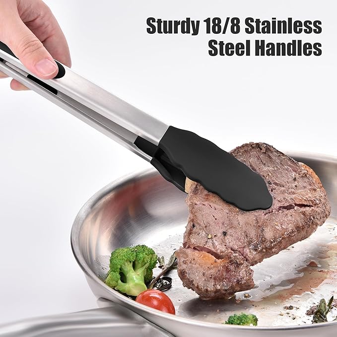 Tongs with Silicone Tips, Locking Stainless Steel, Black