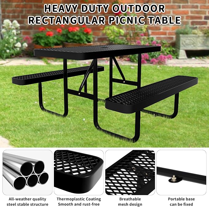 4FT Rectangular Steel Outdoor Picnic Table, Commercial Black Picnic Table Bench - Image 3
