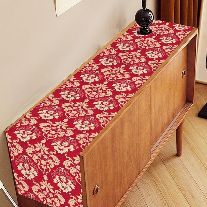 Damask Table Runner, Rustic Gothic Red Baroque Style Floral Boho Flower Antique - Image 3