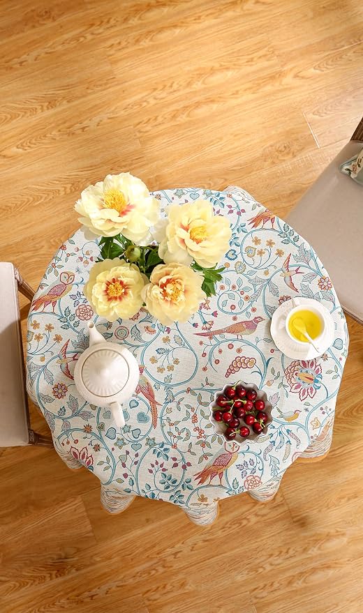 patdrea Designer Yellow French Round Tablecloth, Rustic Linen Floral Birds - Image 8