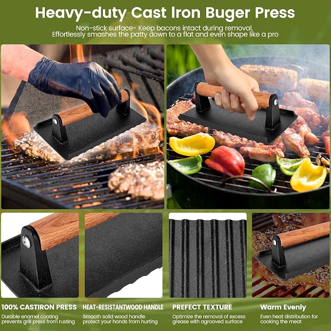 Burger Press, 8.3”X4.3”Rectangle Heavy-Duty Cast Iron Smash Burger Press - Image 4