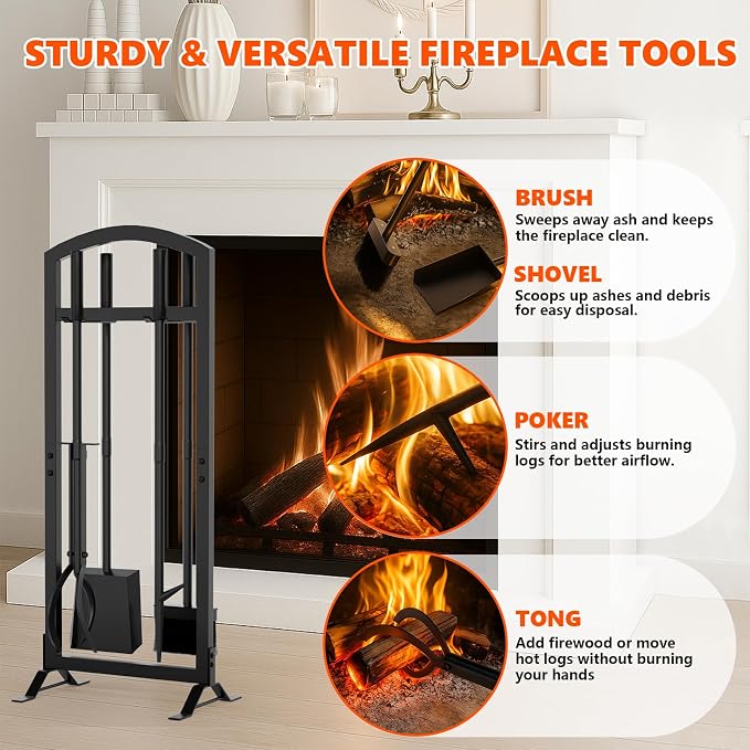 6 Pcs Fireplace Tools Set with Log Carrier, HXJLJY 34" Fireplace Accessories - Image 4