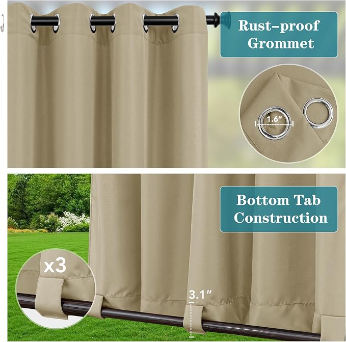 HolidayIdeas Outdoor Curtains for Patio Waterproof 4 Panels-Windproof - Image 2