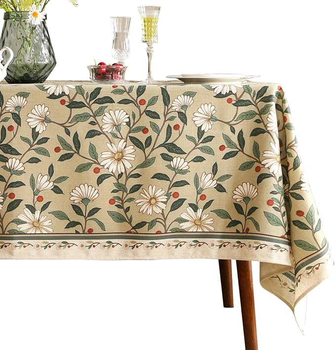 ISAENNE Designer Green Linen Square Table Cloth, Floral French Country Indoor by Isaennehomedecoration