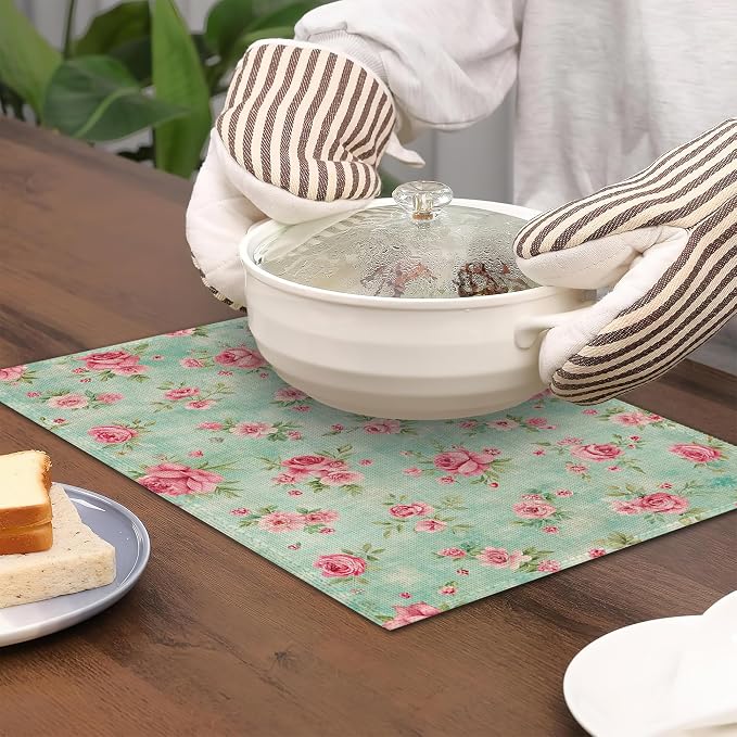 6 Pcs Placemats, Vintage Floral Table Mats Washable Recyclable Table Placemats - Image 4