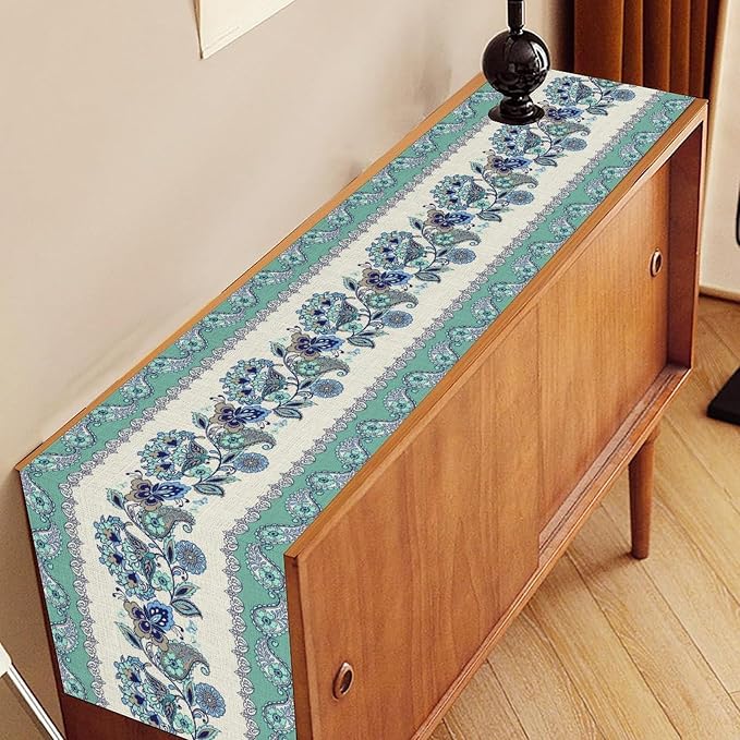 Paisley Table Runner, Vintage Teal Damask Floral Flower Boho Antique Damask - Image 3