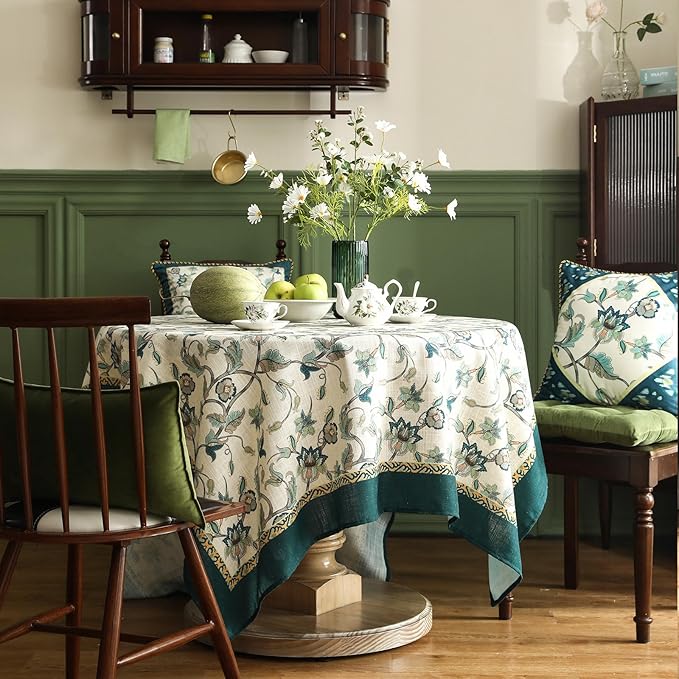 patdrea Designer Green Square Table Cloth, Vintage Floral Linen Durable - Image 8