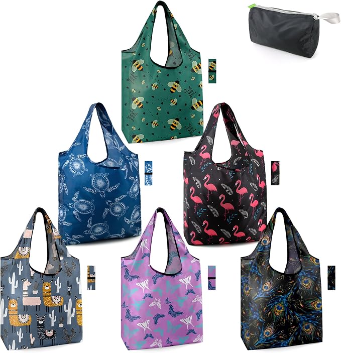 BeeGreen Animals Reusable Grocery Bags Bees Turtles Flamingo Peacock Alpaca by BeeGreen