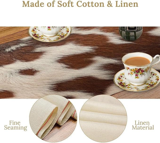 Cow Print Table Runner, Western White Brown Cowhide Rustic Coffee Table Runner - Image 4