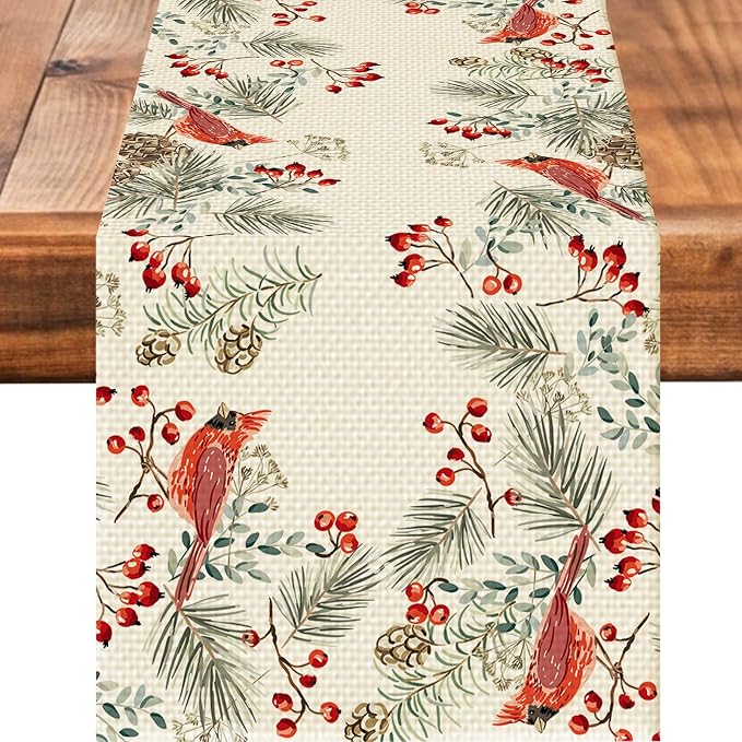 Christmas Bird Burlap Table Runner Seasonal Spring Fall Kitchen Dining Linen by Worltoldb