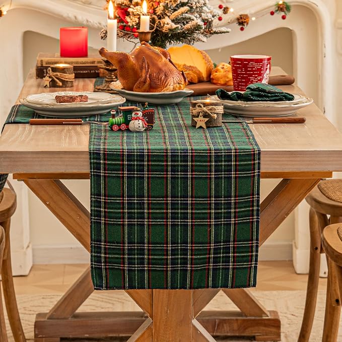 Green Blue Plaid Christmas Table Runner, Winter Holiday Table Runners 72 inches by AQOTHES