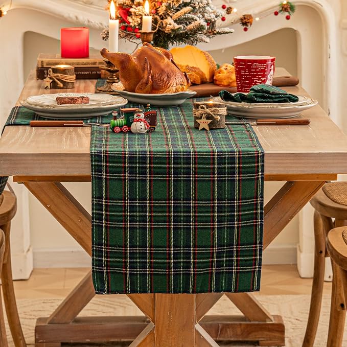 Green Blue Plaid Christmas Table Runner, Winter Holiday Table Runners 90 inches by AQOTHES