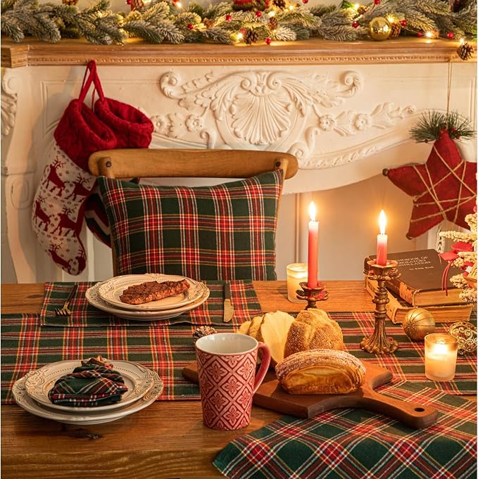 Green Red Plaid Christmas Table Runner, Winter Holiday Table Runners 108 inches - Image 7