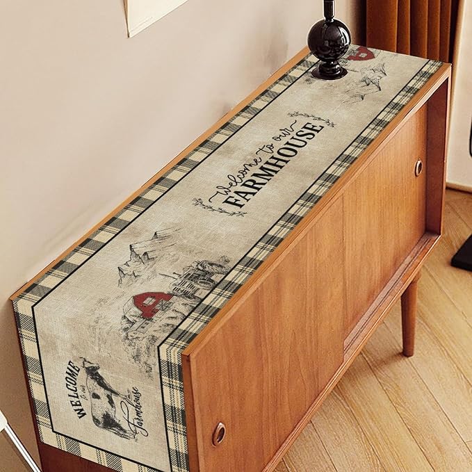 Farmhouse Table Runner, Rustic Country Barn Cottage Rooster Cow Check Animal - Image 3