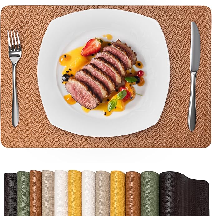 Faux Leather Placemats Set of 6 – 17x12 Inch Vinyl Table Mats, Heat Resistant by PROMATTOO