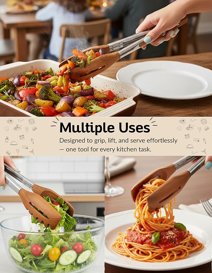 Tongs 12 Inch Walnut Wood 3-in-1 Pasta Server and Grill Tool