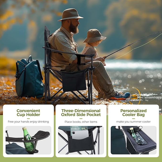Folding Camping Chair, Green, 500 lb Capacity, Cooler Bag