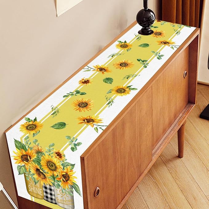 Sunflower Table Runner, Watercolor Yellow Floral Vase Spring Sunshine Summer - Image 3