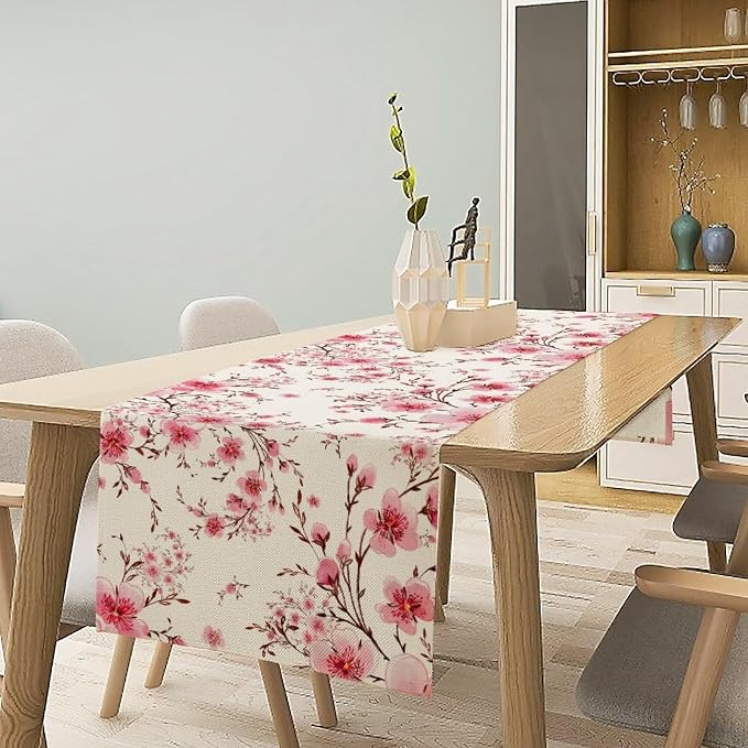 Cherry Flower Table Runner, Seasonal Spring Cherry Blossoms Branches Watercolor - Image 2