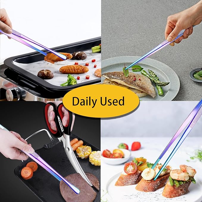Tongs: 12-Inch Stainless Steel Food Tweezers in Rainbow Finish, Set of 2