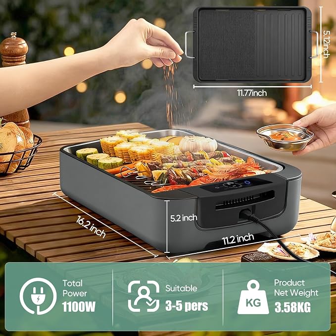 Smokeless Indoor Grill, Amornest Electric Indoor Grill 1100W - Image 3