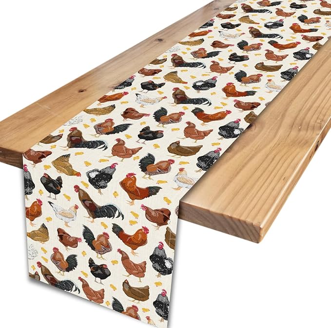 Farmhouse Rooster Table Runner, Rustic Farm Animals Cow Pig Chicken Coffee - Image 5