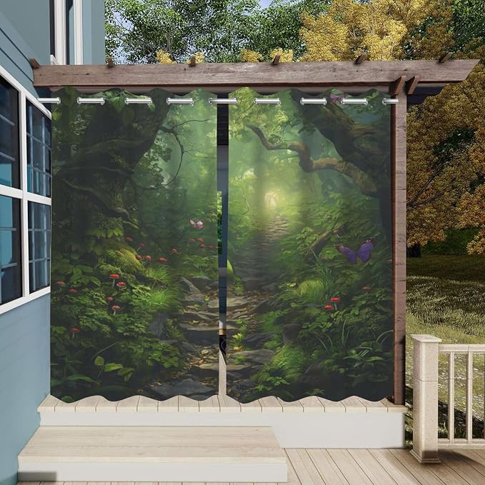 Fantasy Theme Outdoor Curtains for Patio Waterproof, Forest Pattern, Waterproof - Image 3