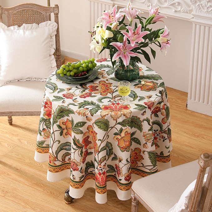 patdrea Designer Vintage Linen Round Tablecloth, Provencal Rustic Floral - Image 8