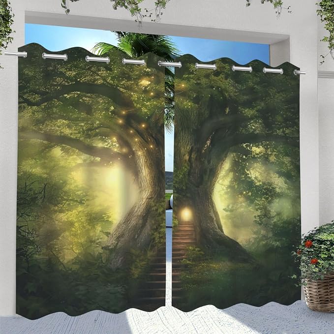 Fantasy Theme Outdoor Curtains for Patio Waterproof, Forest Pattern, Light - Image 2