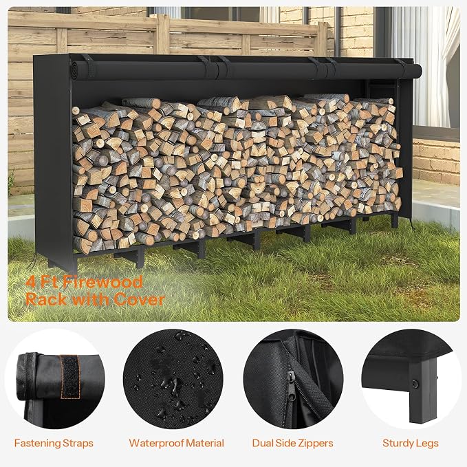 HOOBRO 8FT Firewood Rack with Cover, Outdoor Firewood Log Rack, Adjustable Log - Image 8