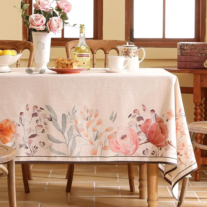 Linen Rectangle Tablecloth, French Vintage Pink Floral Pattern Wrinkle Free - Image 2