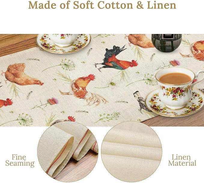 Farmhouse Rooster Table Runner, Rustic Farm Animals Cow Pig Chicken Coffee - Image 5