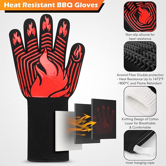 BBQ Gloves, 1472°F Heat Resistant Gloves Fireproof Mitts, Grilling Gloves - Image 3