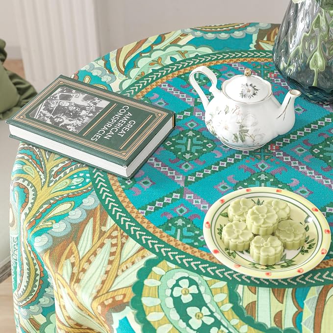 Linen 55 Inch Round Tablecloth, Wrinkle Resistant French Green Tablecloth Print - Image 9