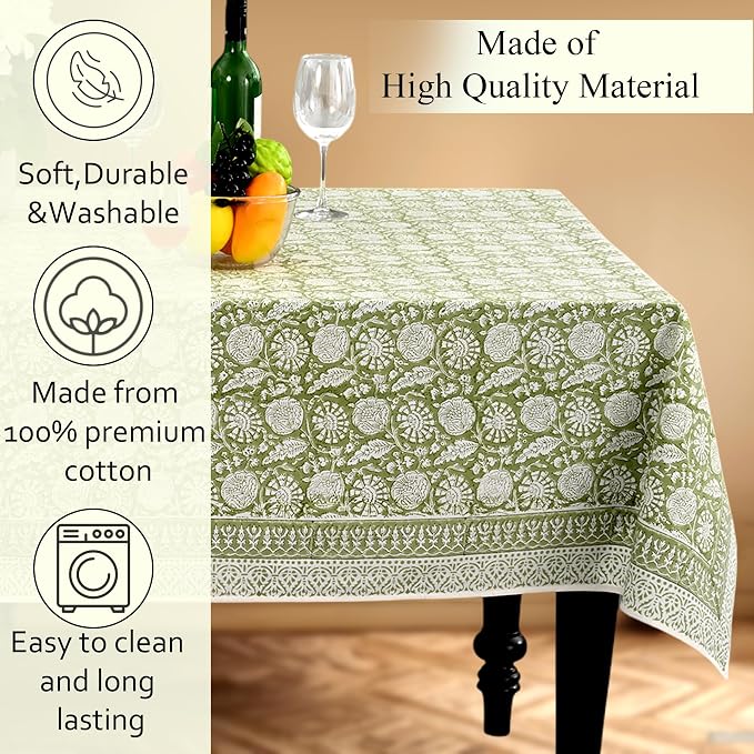 CPC Olive Bloom Tablecloth 100% Cotton 80x120 Inch Indian Block Print Rectangle - Image 7