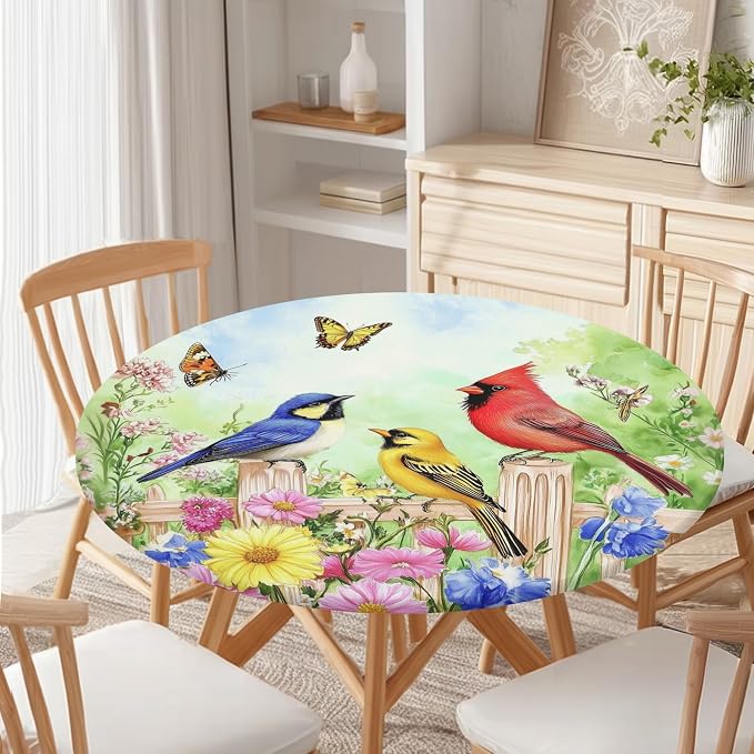Spring Birds Floral Round Fitted Tablecloth - Image 7